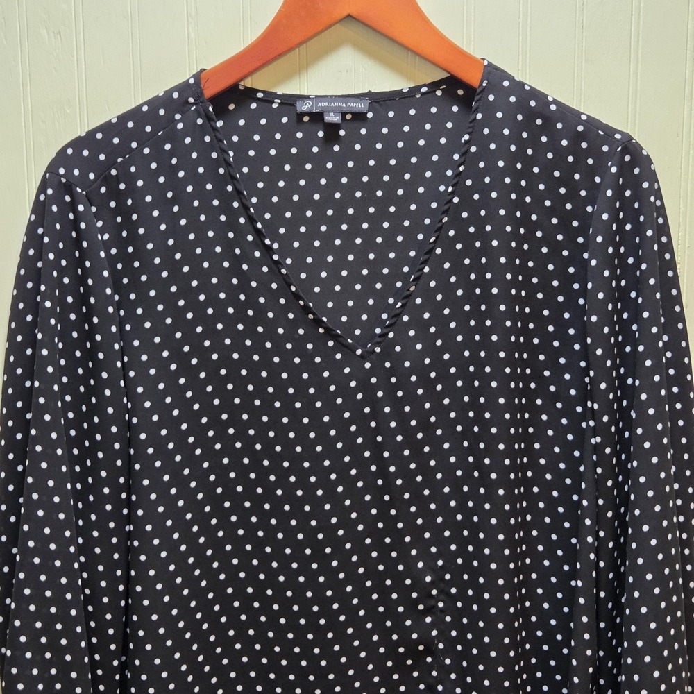 Adrianna Papell Blouse Womens XL Black Polka Dot V Neck Long Sleeve Career Top